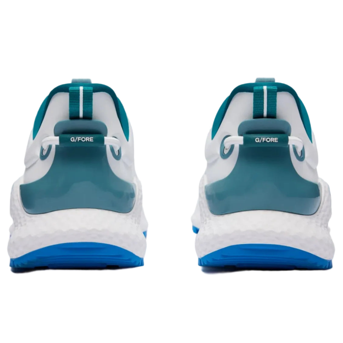 White and blue athletic shoes with 'G/FORE' branding on a light gray background
