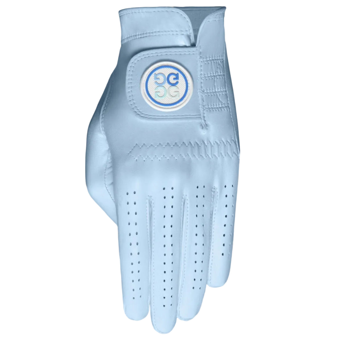 Light blue golf glove with a brand logo on a gray background