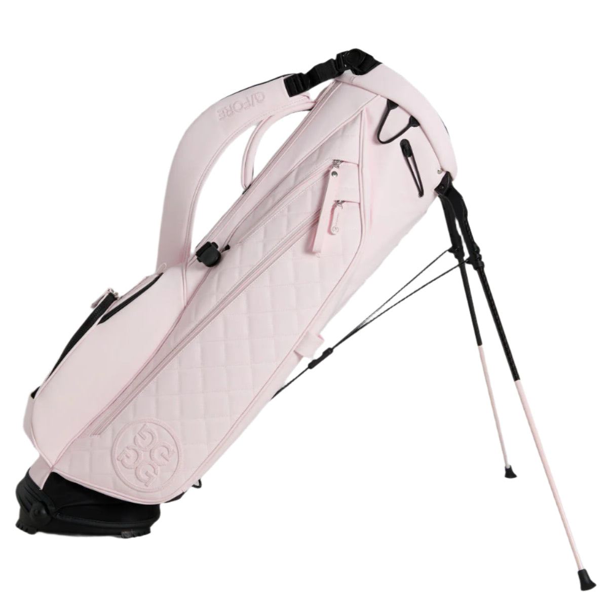 Pink golf bag with stand on a white background