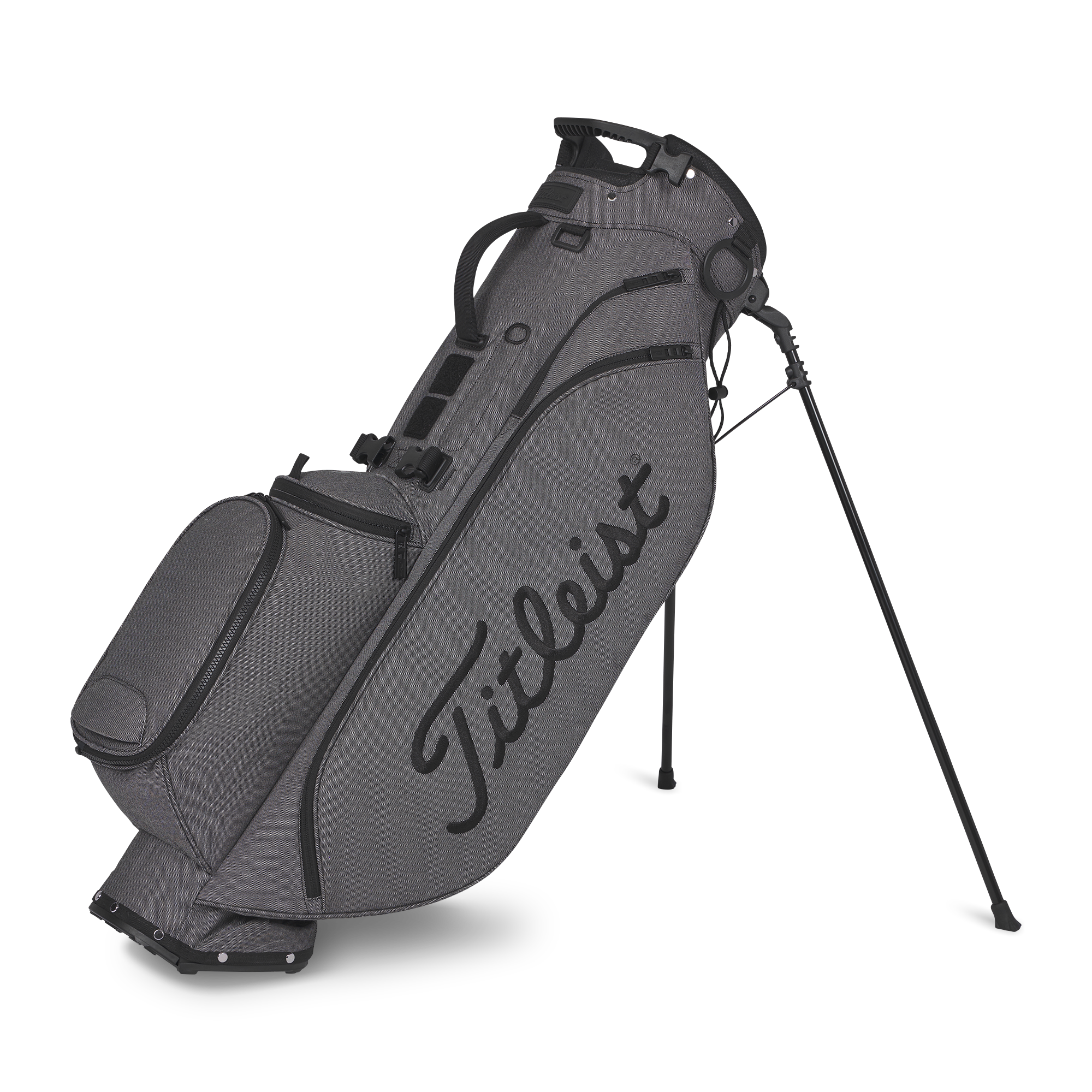 Gray golf bag with Titleist logo on a white background