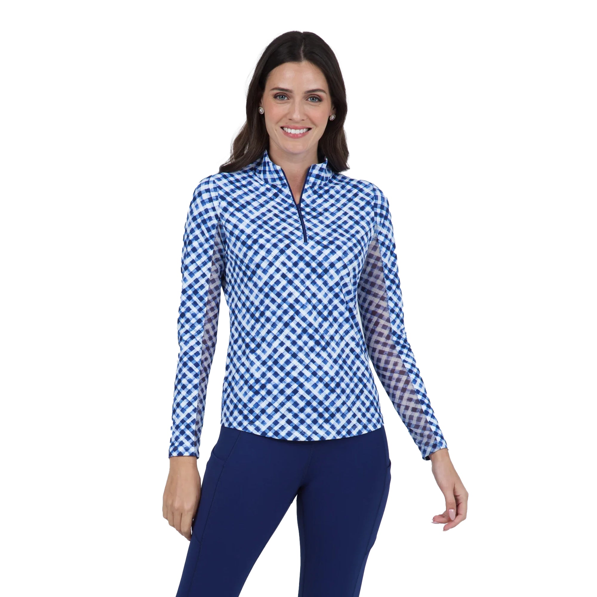 IBKUL Ladies Gingham Check Print Long Sleeve Mock Neck Top - Navy/White