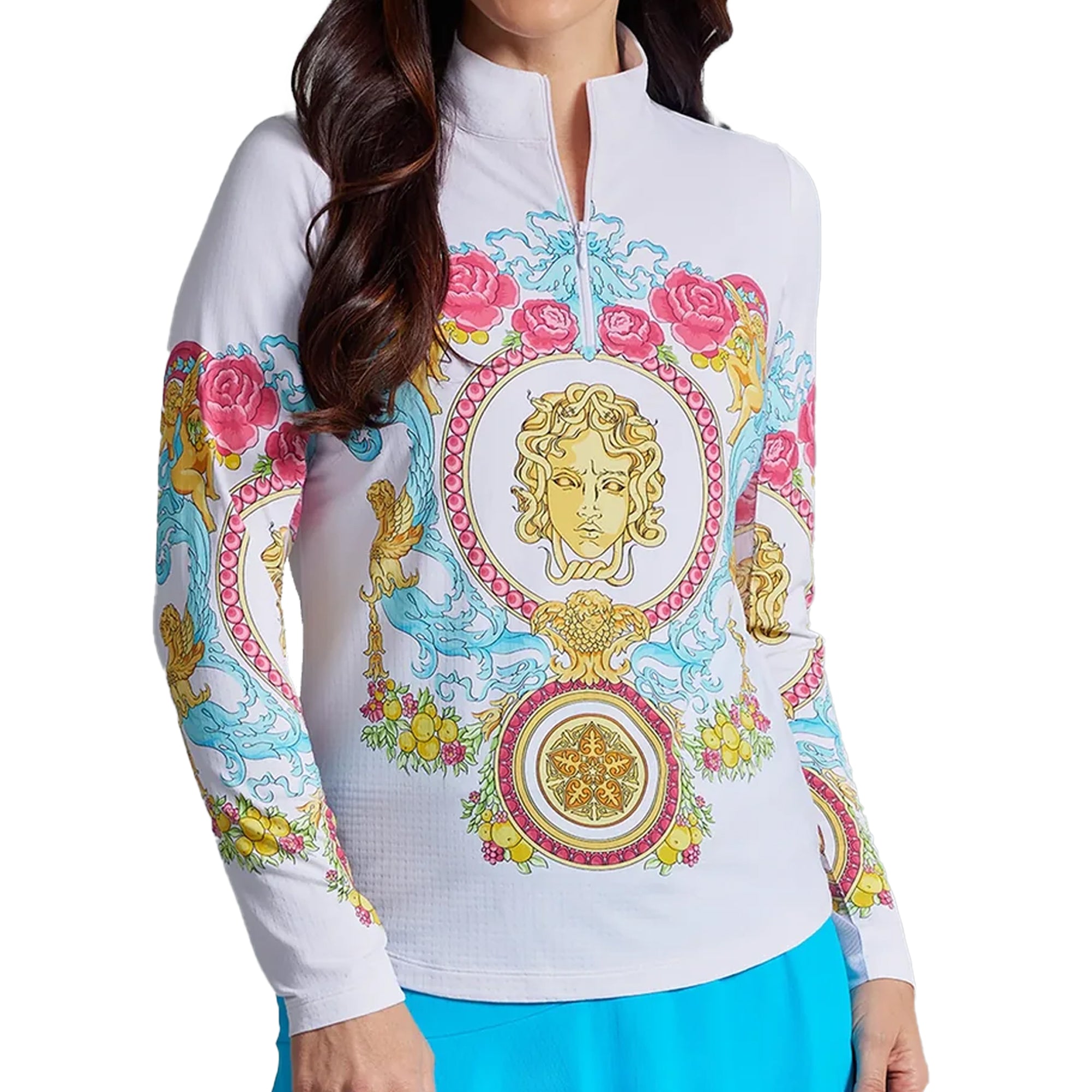 IBKUL Lala Print Long Sleeve Mock Neck Top - Watermelon Multi