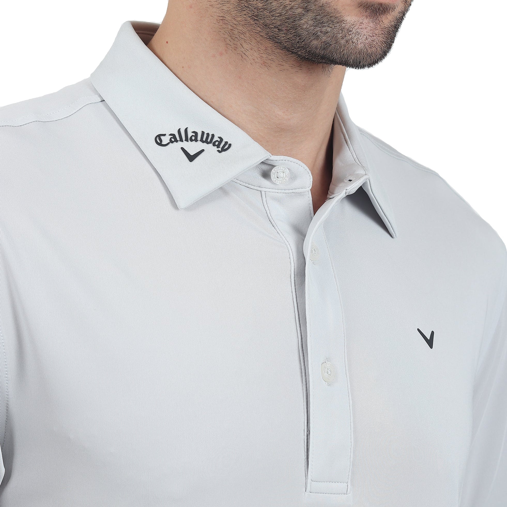 White Callaway polo shirt with collar logo on a white background
