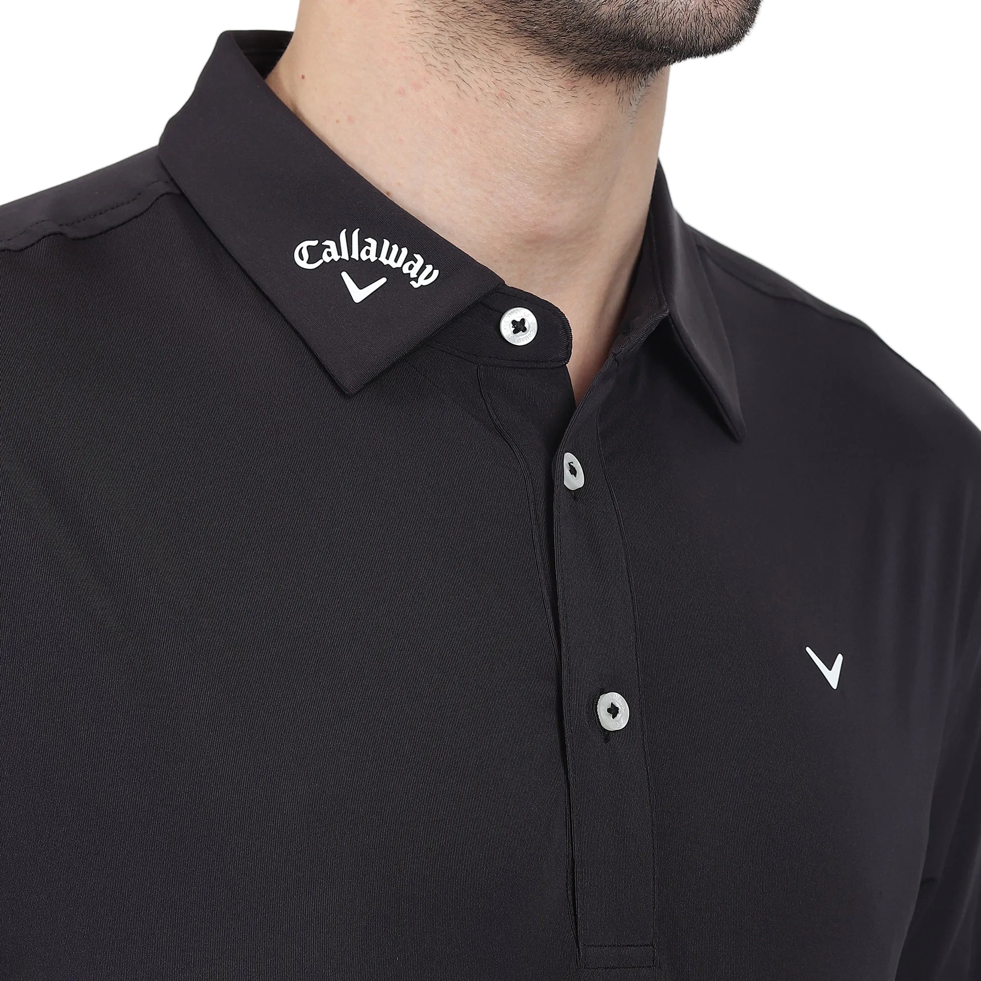 Black Callaway polo shirt with collar and chest logo on a white background