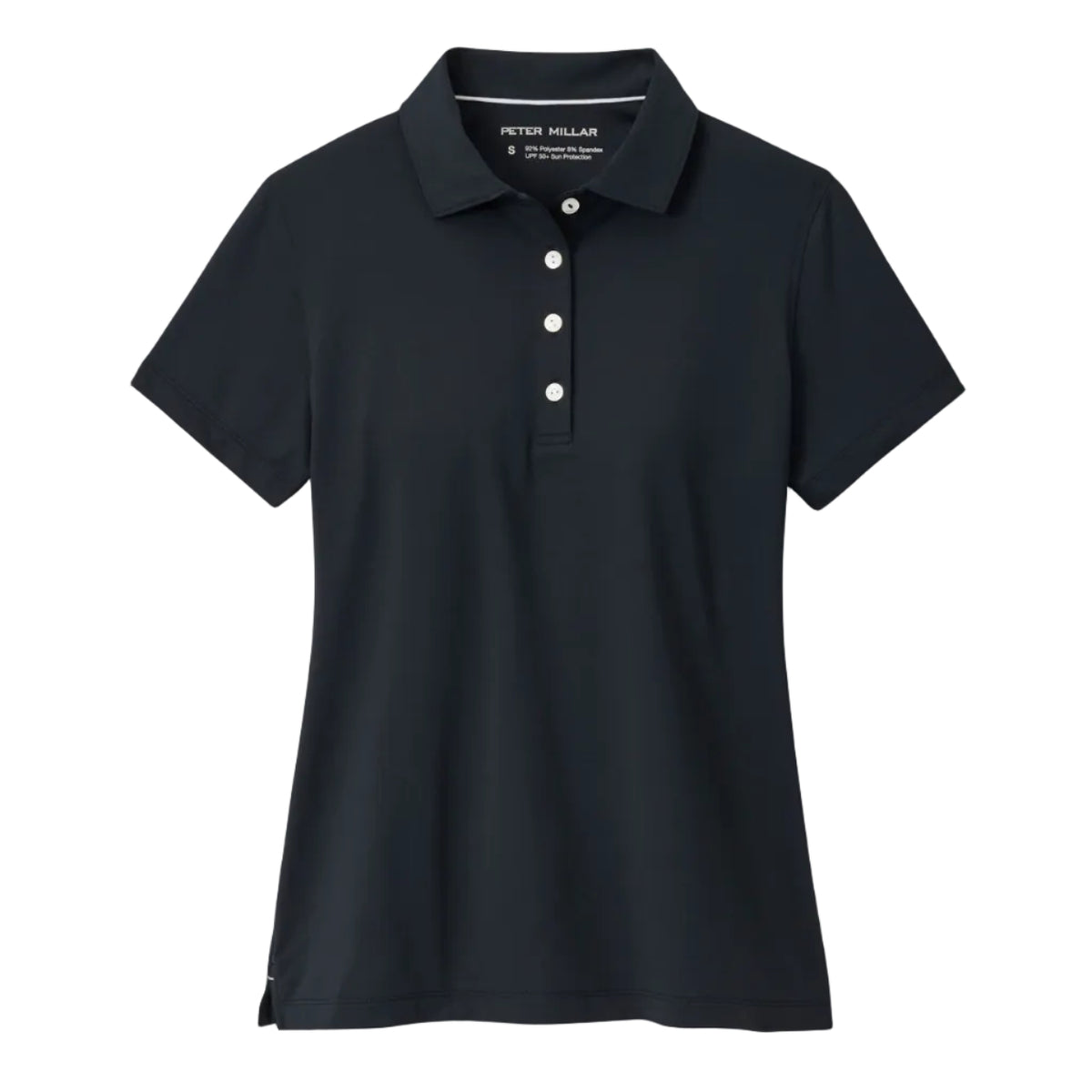 Black t-shirt with a logo on a hanger against a white background