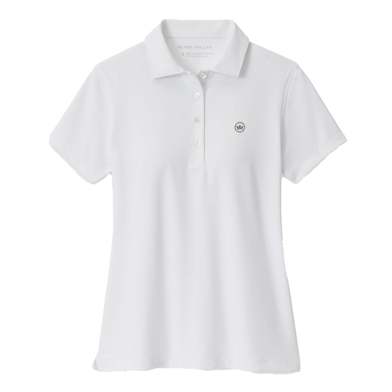 A white short-sleeve polo shirt with a three-button placket and a small circular logo on the left chest, displayed on a clean white background.