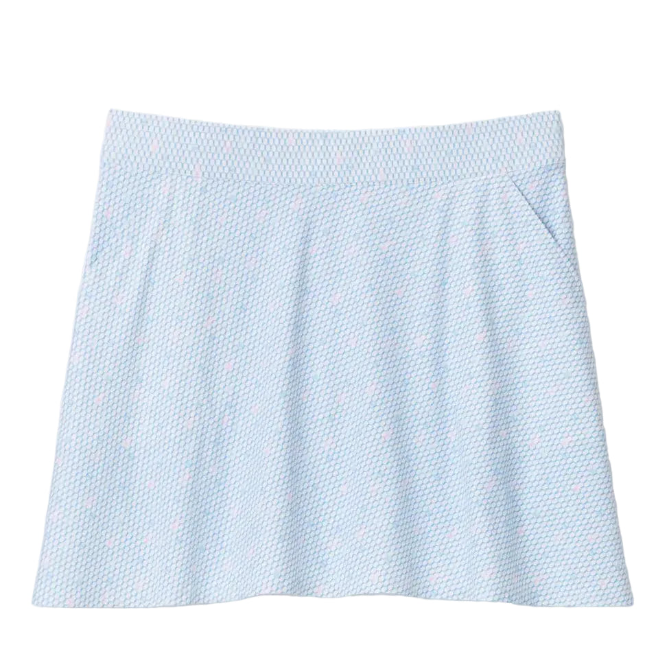 A light blue and white patterned athletic skirt with side pockets, laid flat against a light gray background.