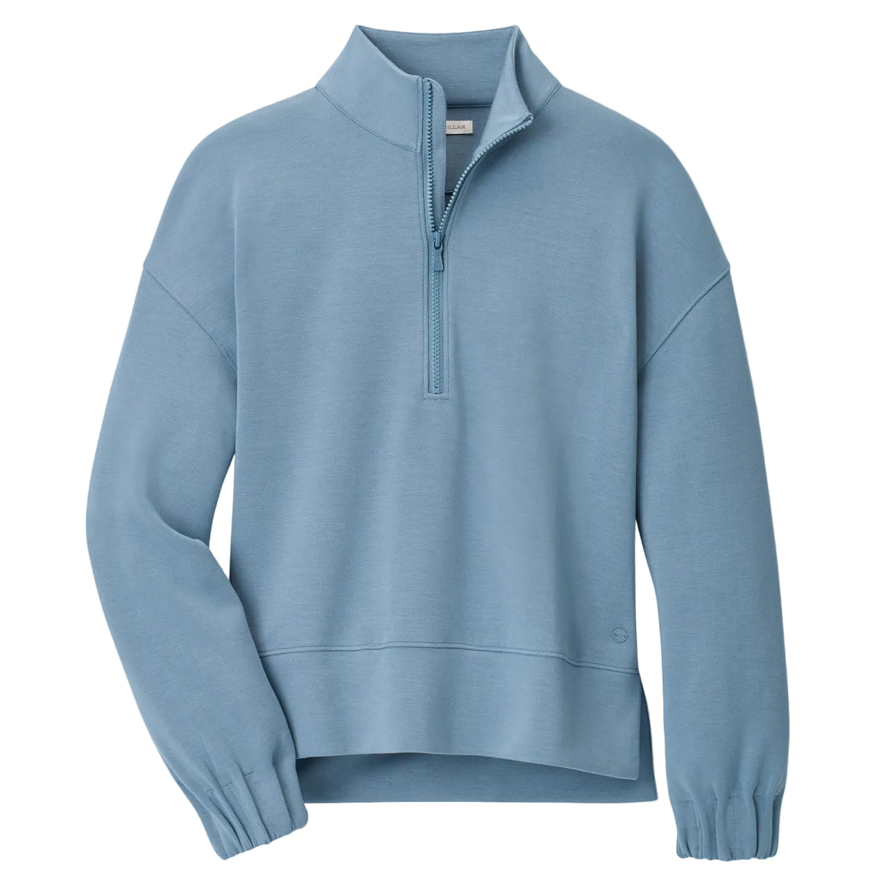 A light blue quarter-zip pullover sweatshirt with a mock neck, long sleeves, and ribbed cuffs and hem, shown on a light gray background.