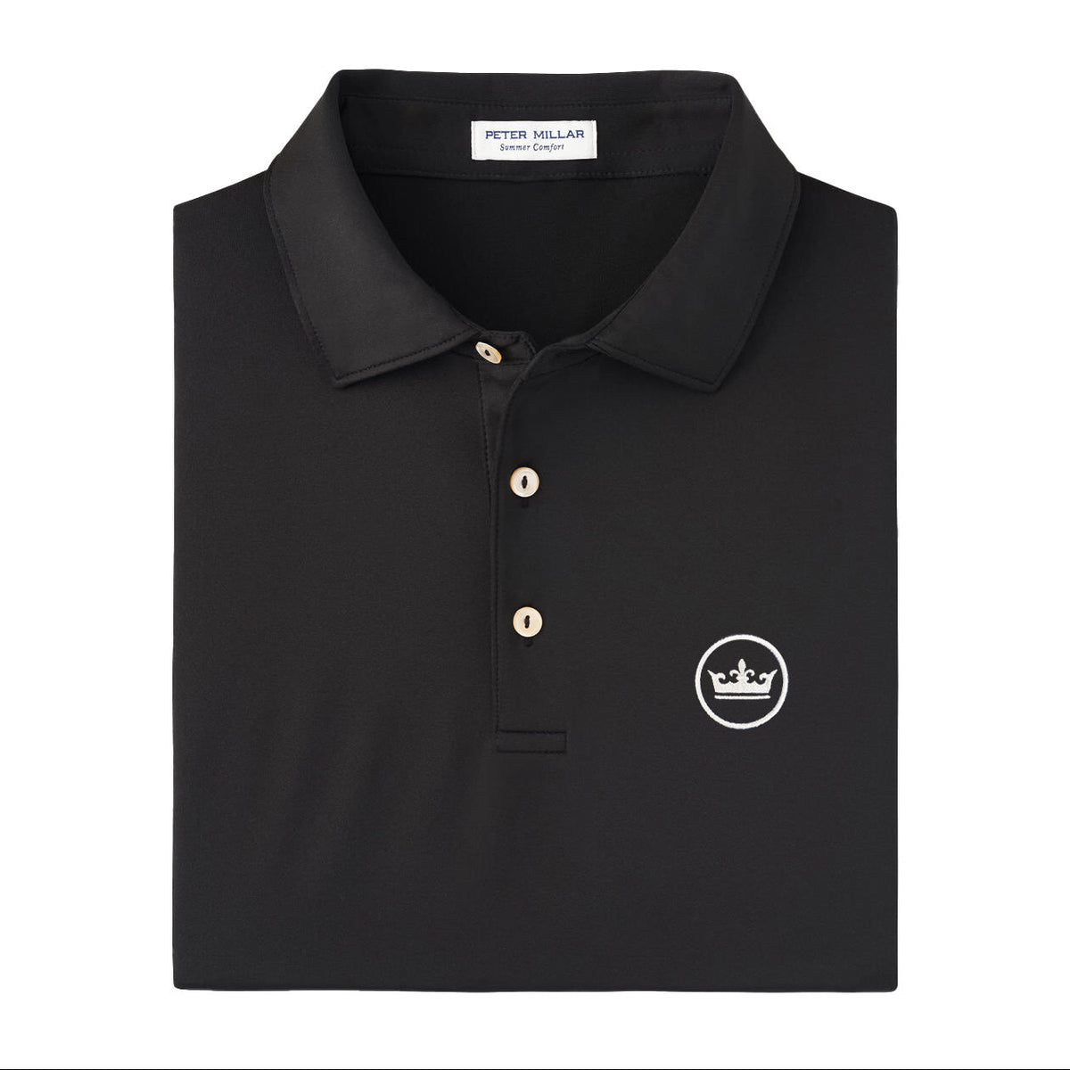 A folded black Peter Dollar polo shirt with three gold buttons and a white embroidered crown logo on the left chest, shown on a plain white background.