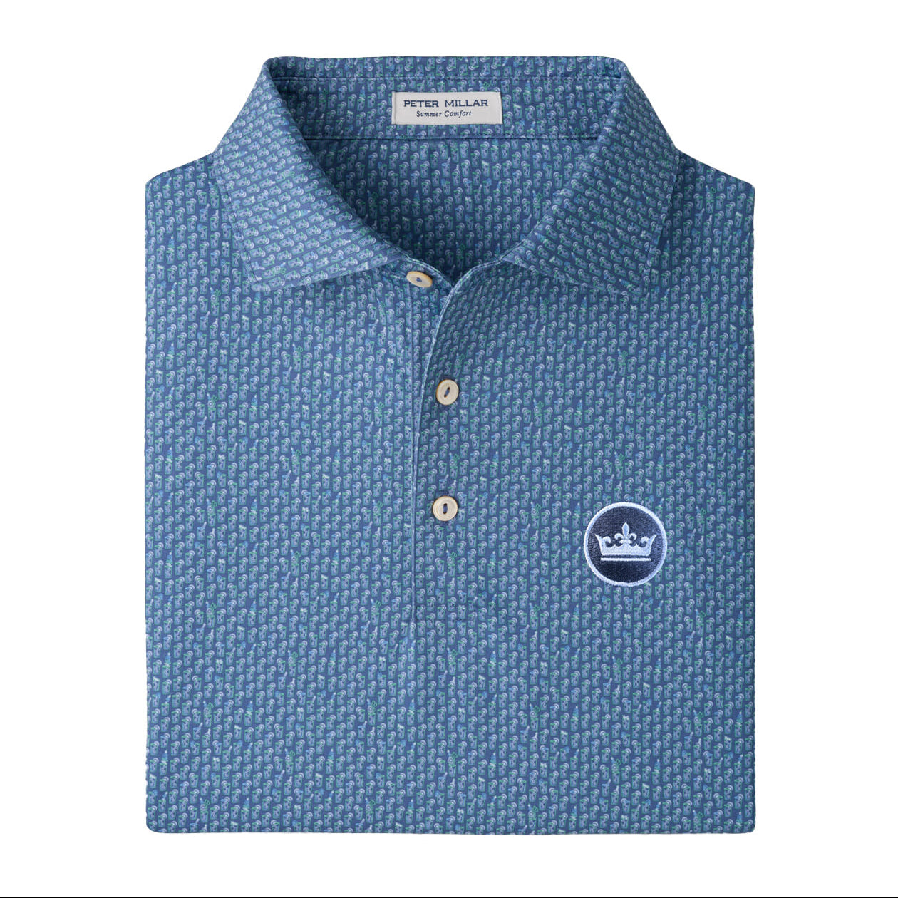peter millar golf polo with navy pattern and crown