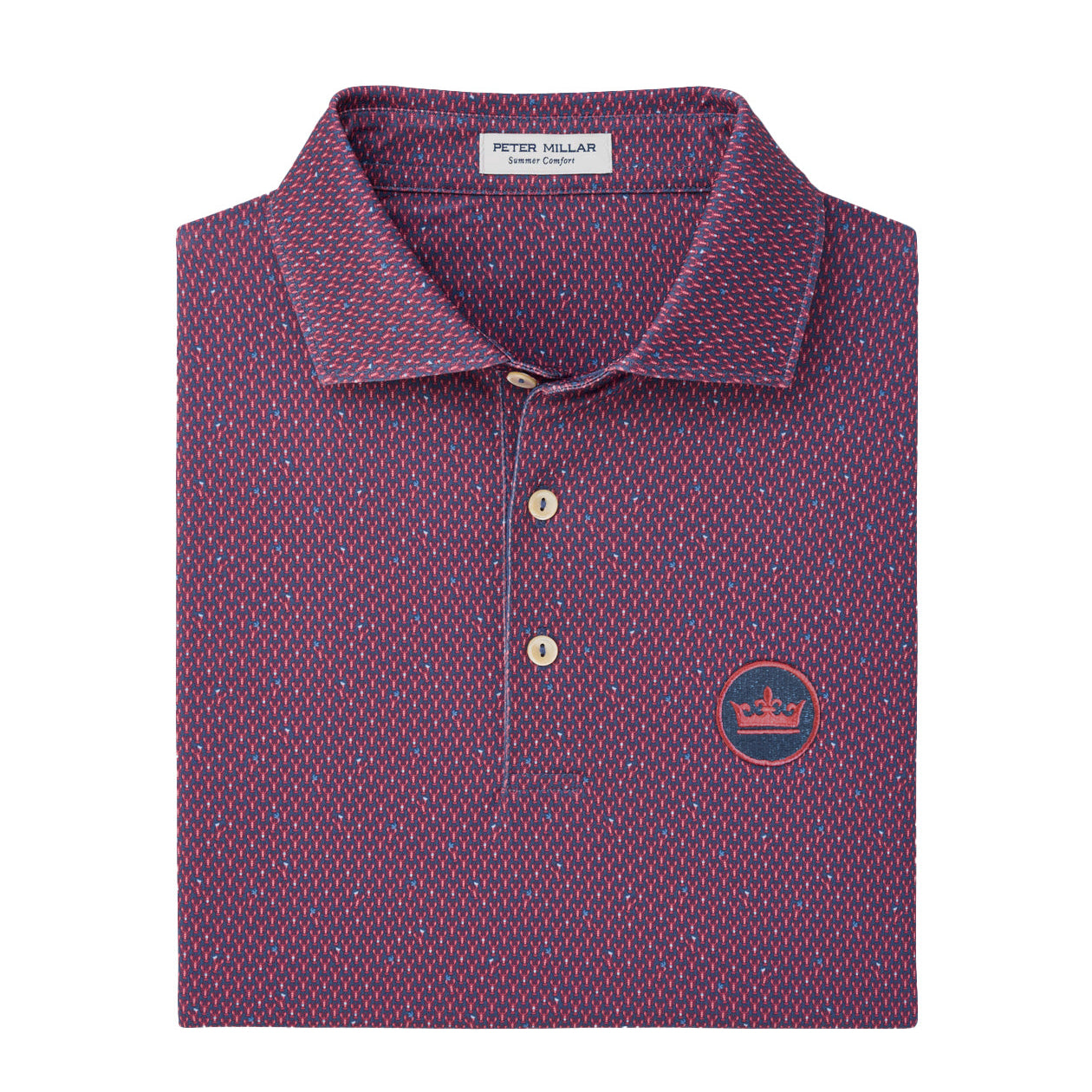 A folded Peter Millar men's polo shirt in a textured micro-pattern of purple, red, and white, featuring a collar, two buttons, and a circular embroidered logo on the chest.