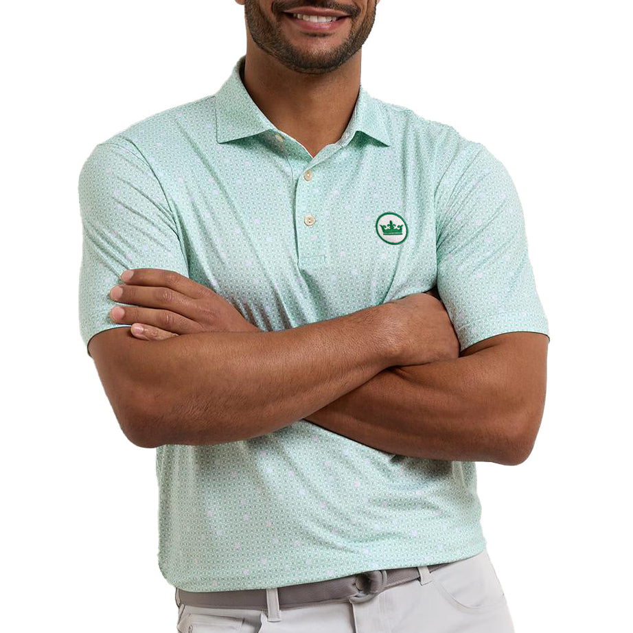 peter millar golf polo light green with skull pattern stripped with crown logo