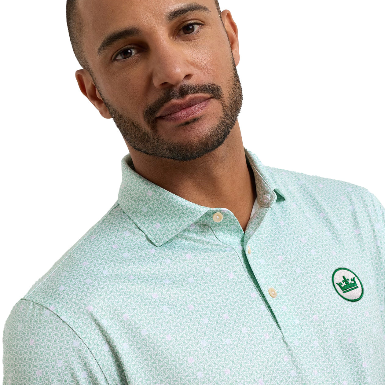 peter millar golf polo light green with skull pattern stripped with crown logo