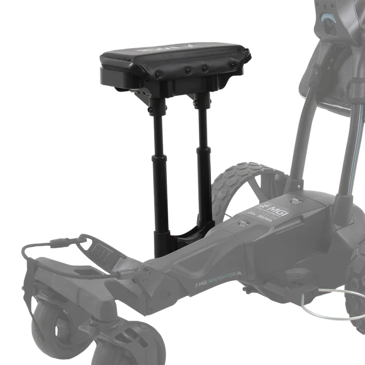 Golf trundler with a black adjustable seat on a white background