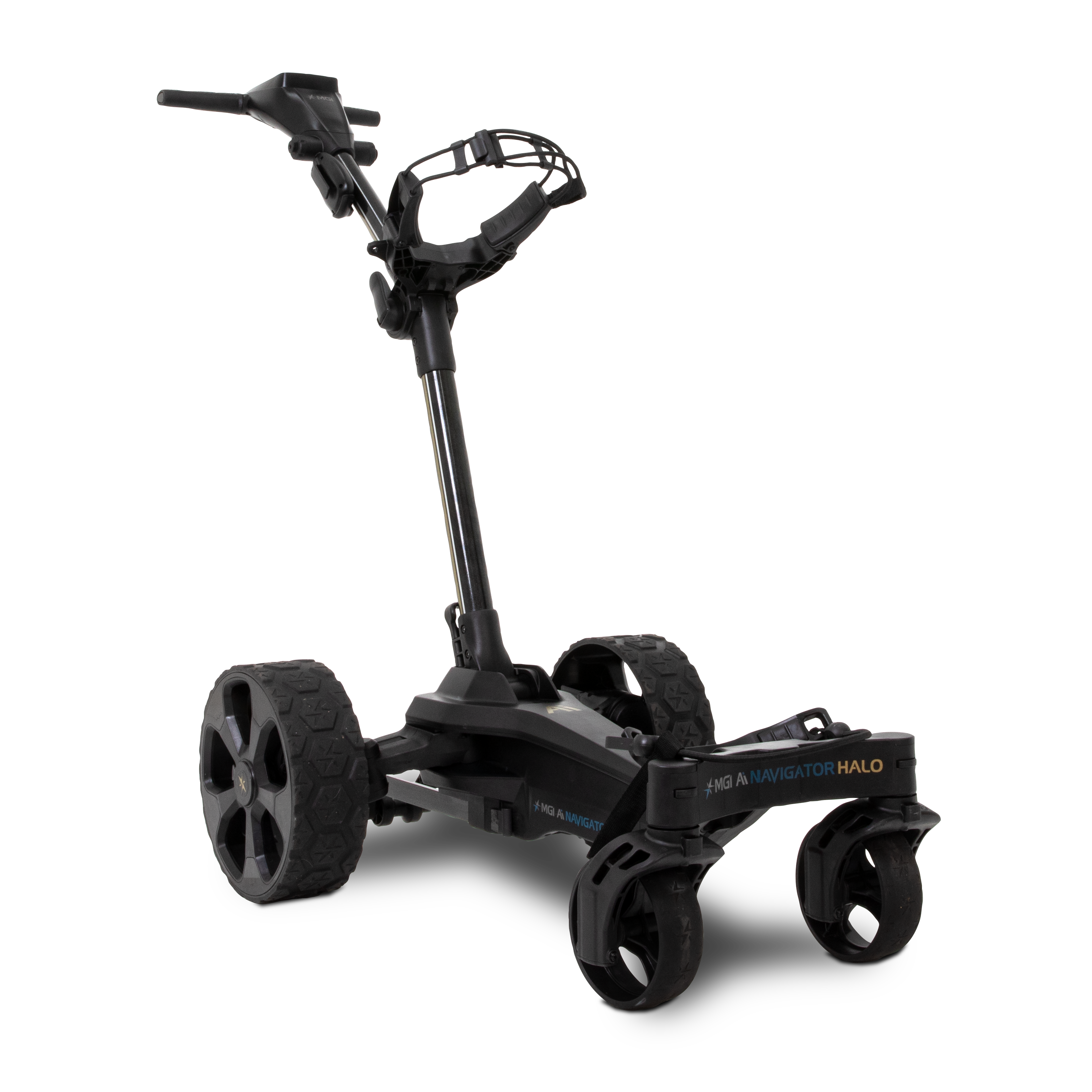 Black golf push cart on a white background
