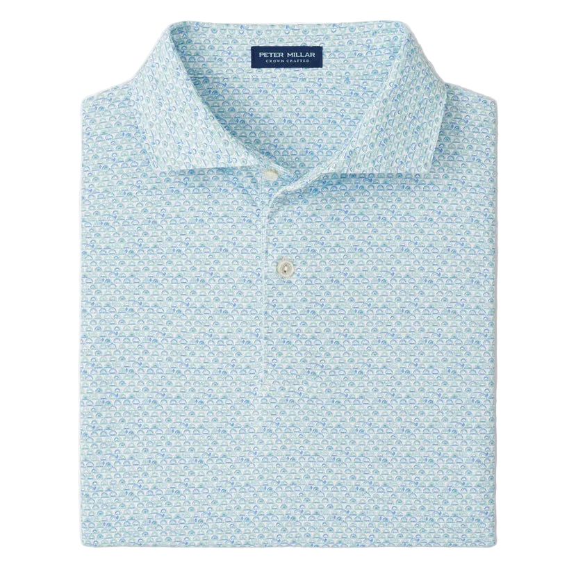 Light blue patterned polo shirt on a light gray background