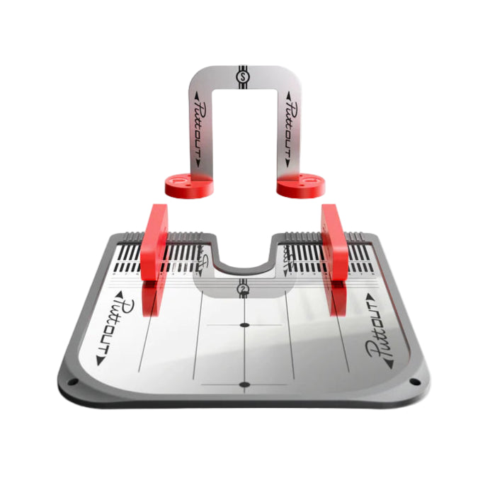 A putting mirror with alignment guides and a 50mm gate, featuring a red and gray color scheme, designed for golf training.