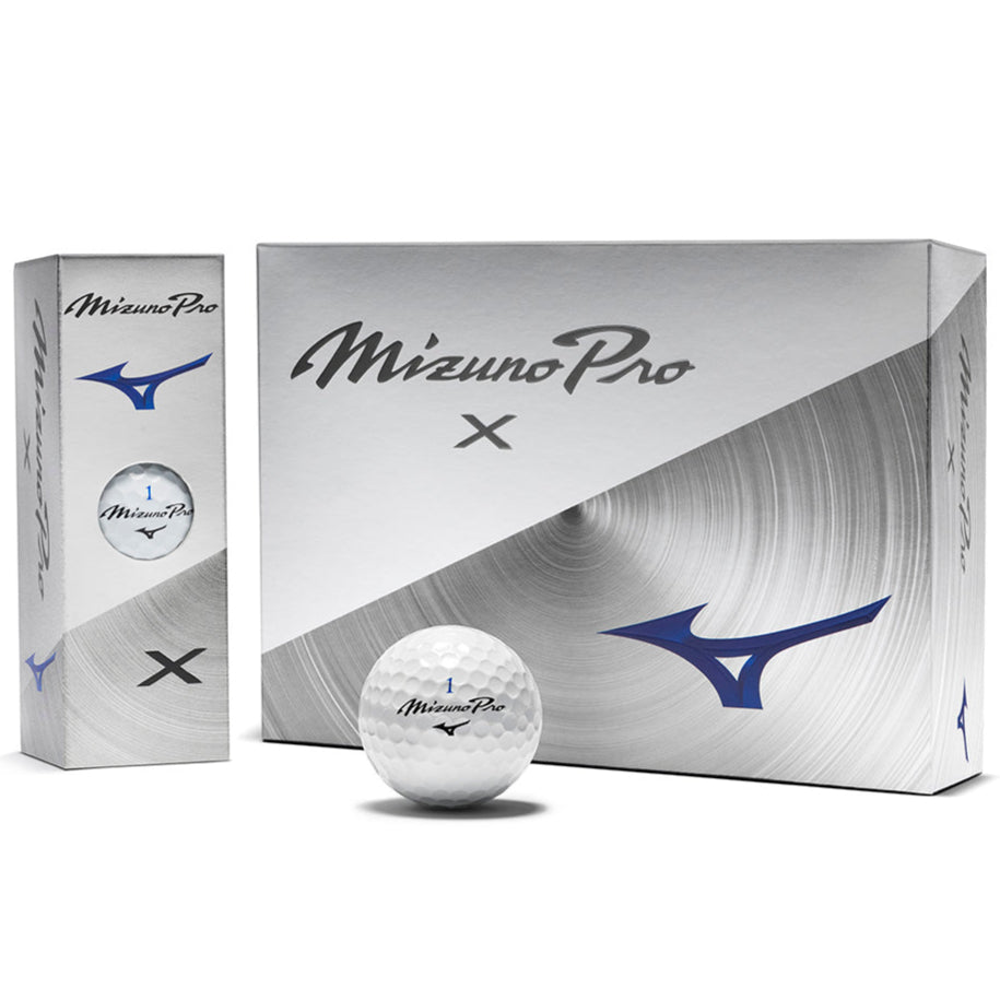 A dozen Mizuno Pro X golf balls with a box and packaging, featuring the Mizuno brand logo.