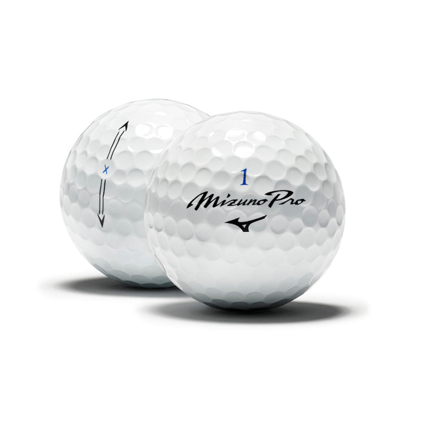 Two Mizuno Pro golf balls on a white background