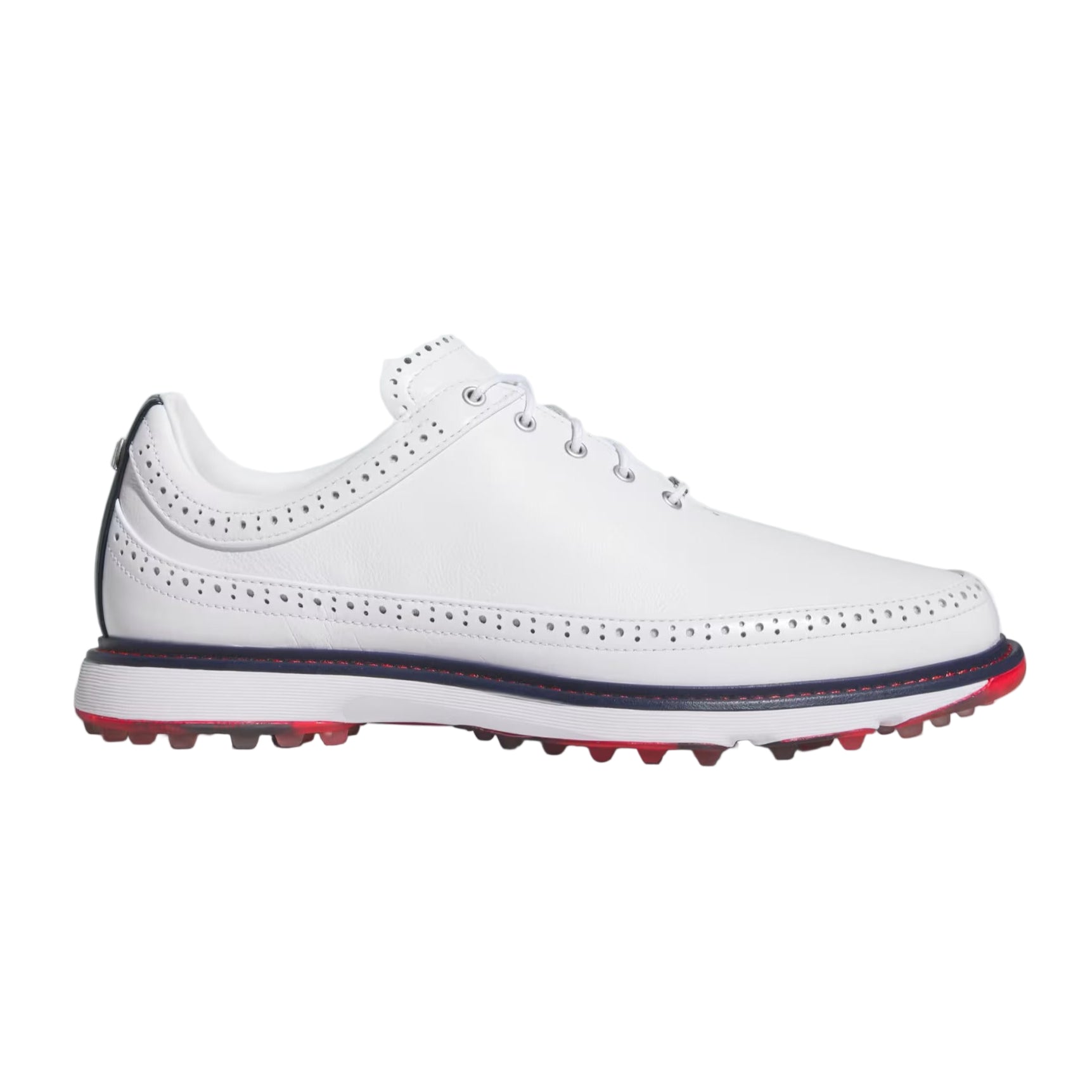 White golf shoe with red and blue soles on a light background