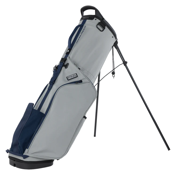 Gray and navy golf bag with stand on a white background