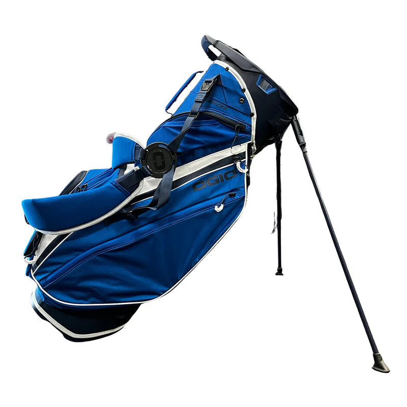Blue golf bag with stand on a white background