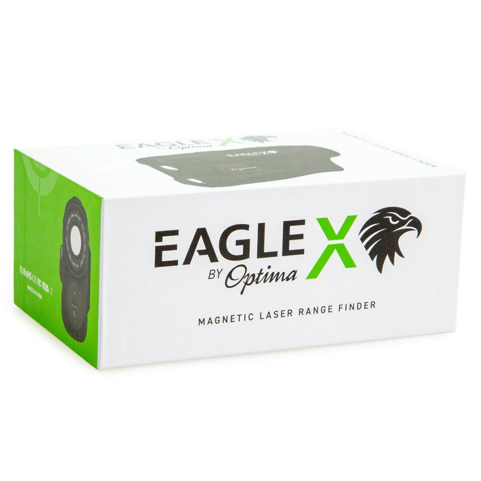 Eagle X by Optima magnetic laser range finder packaging on a white background