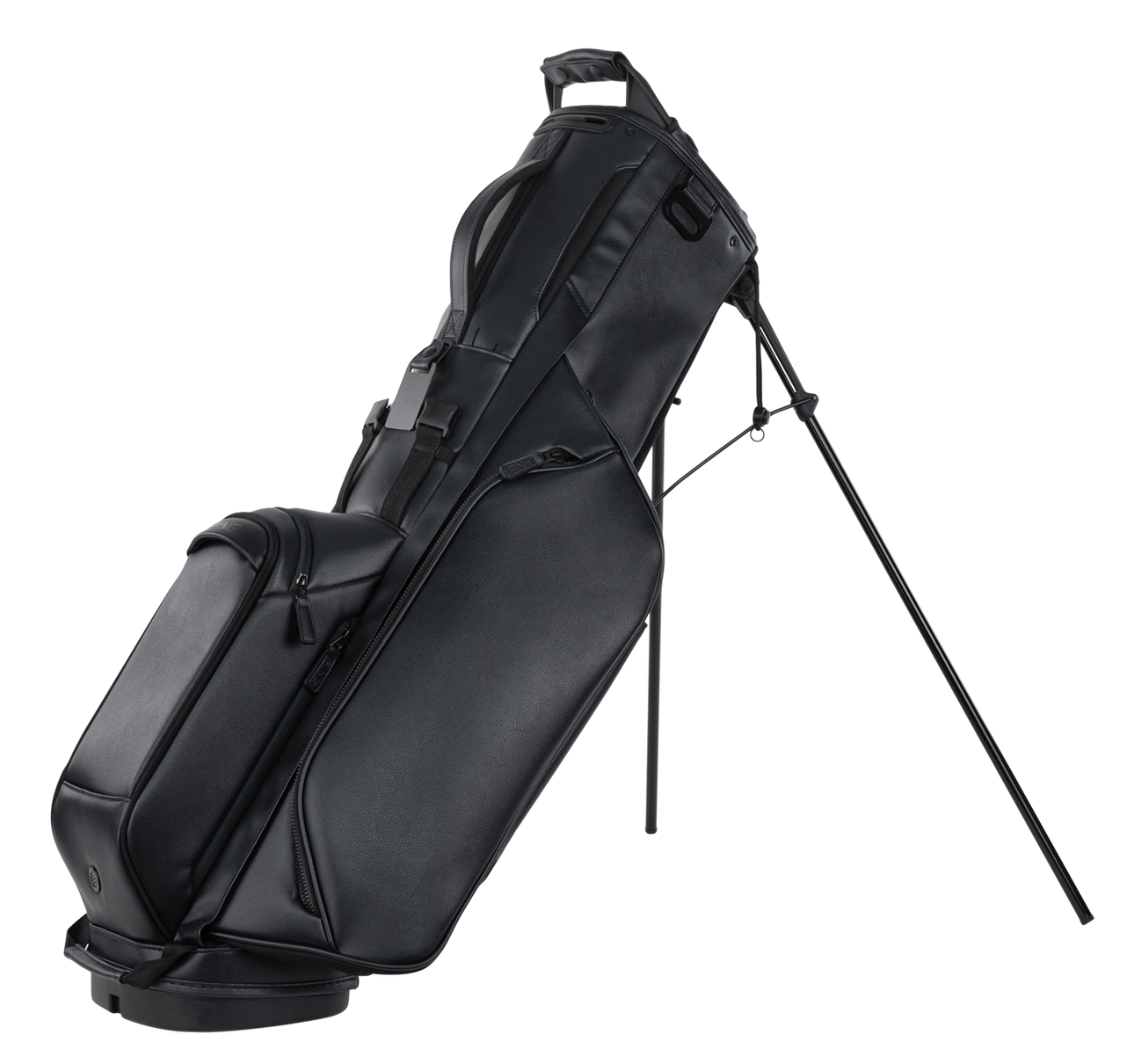Black golf bag with stand on a white background