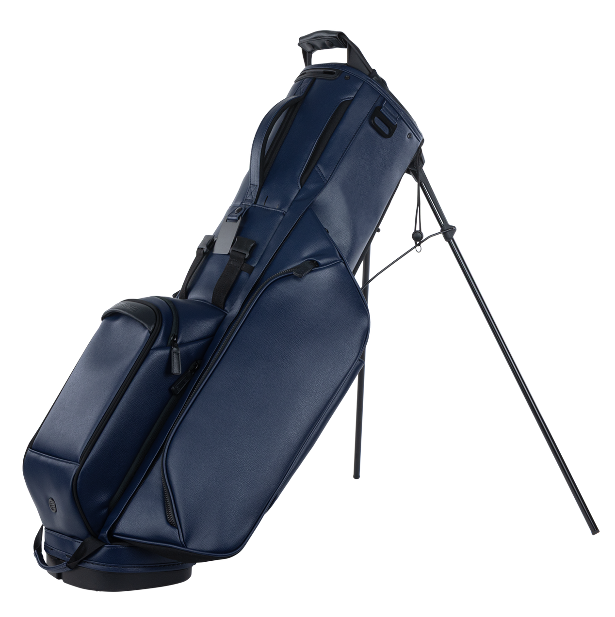 Navy blue golf bag with stand on a white background