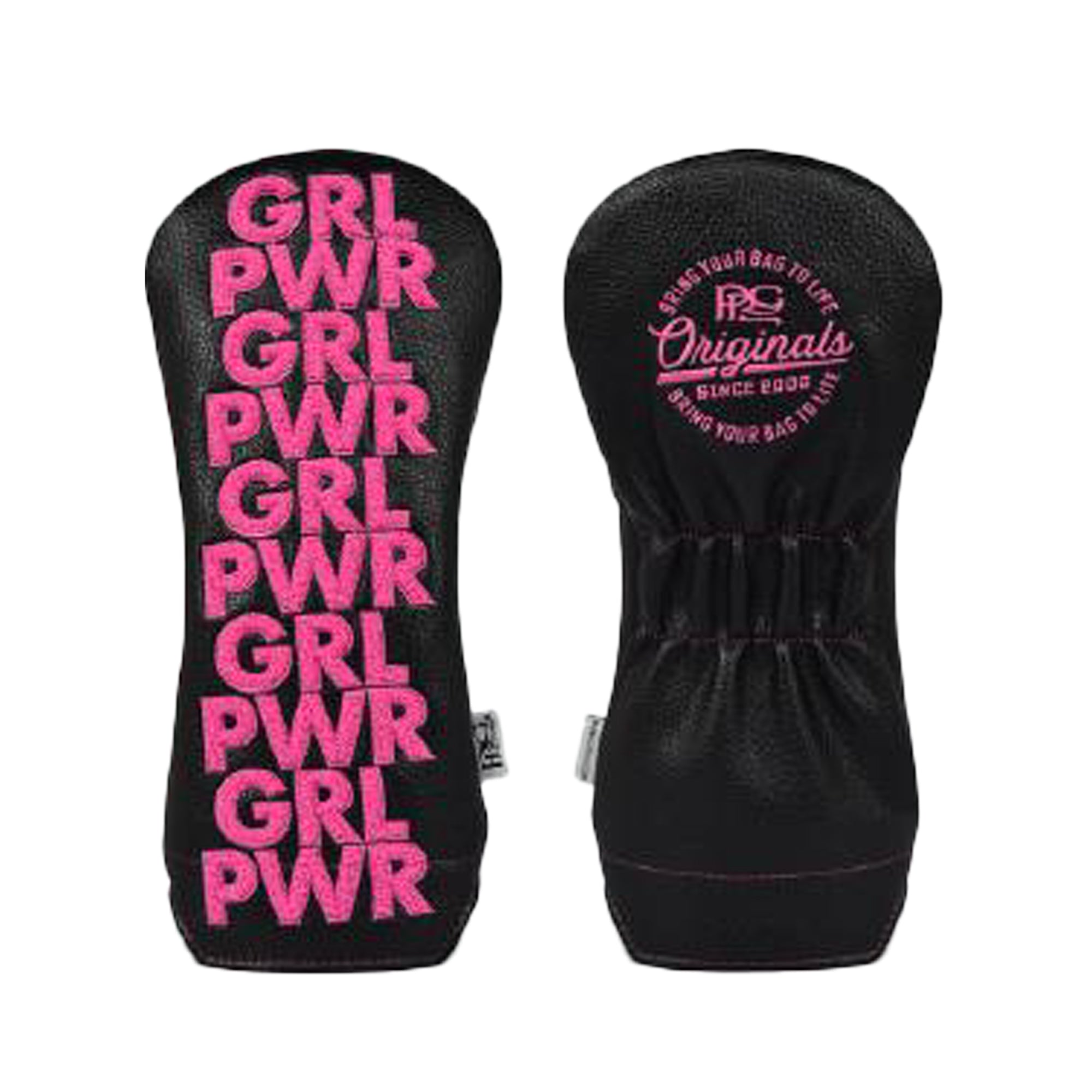 Black golf club head covers with pink 'GRL PWR' text on a white background