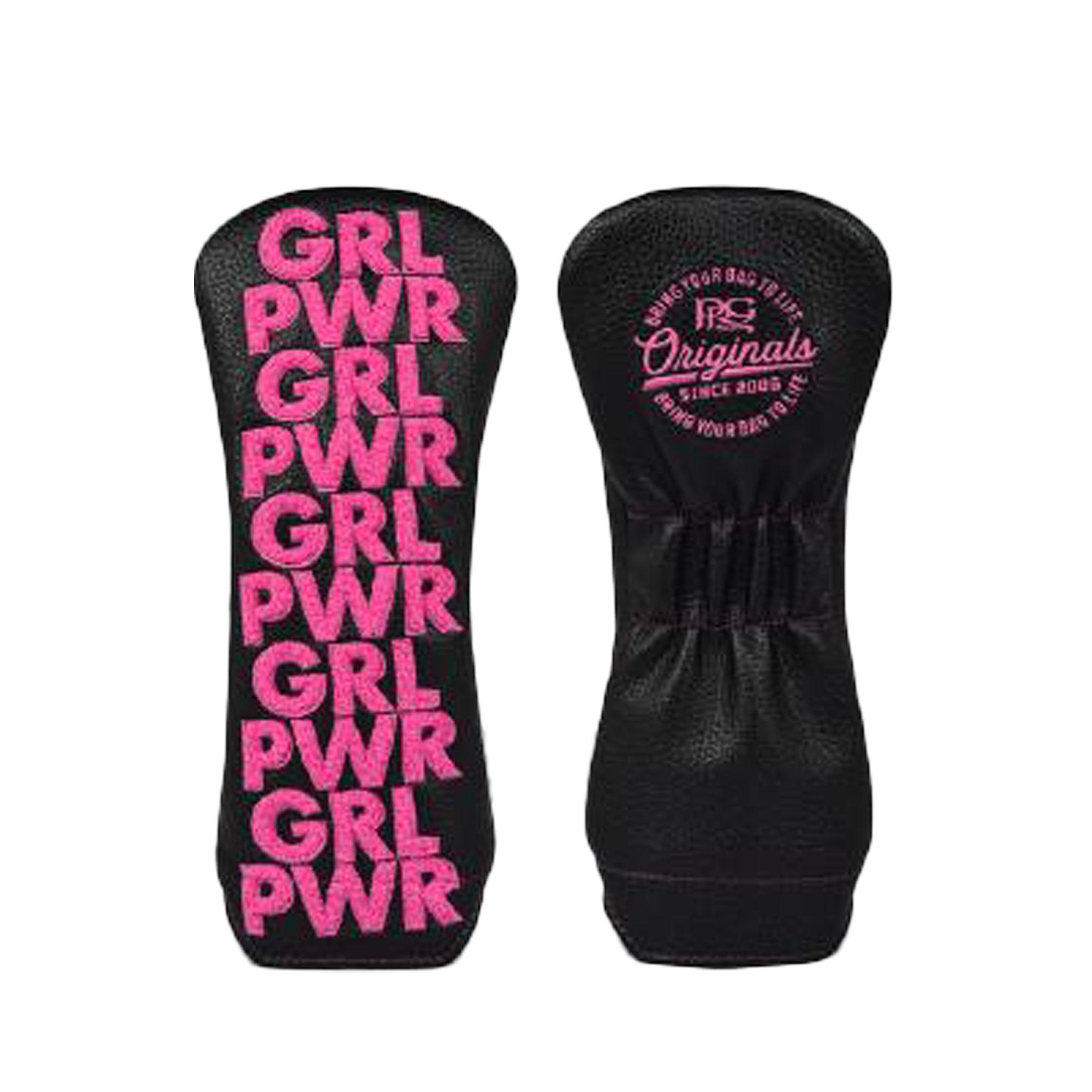 Black headcovers with pink 'GRL PWR' text on a white background