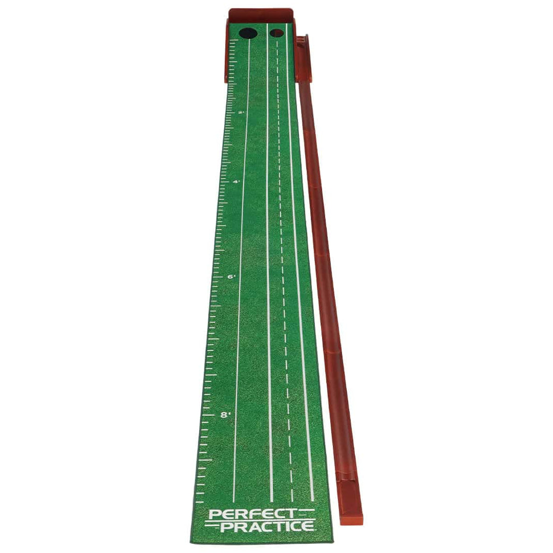 Green and red golf practice mat with 'Perfect Practice' branding on a white background