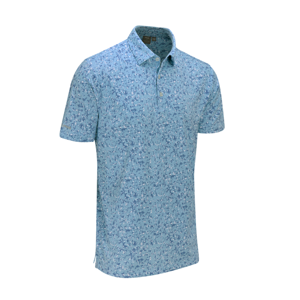 A men's short-sleeve polo shirt in a light blue and white speckled pattern, shown on a clean white background.