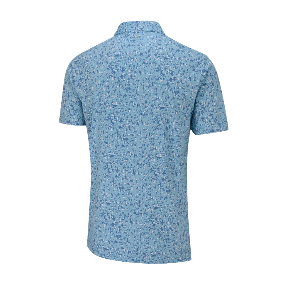 A light blue short-sleeve button-up shirt with a dense, fine micro-pattern of darker blue and white speckles, shown from the back on a plain white background.
