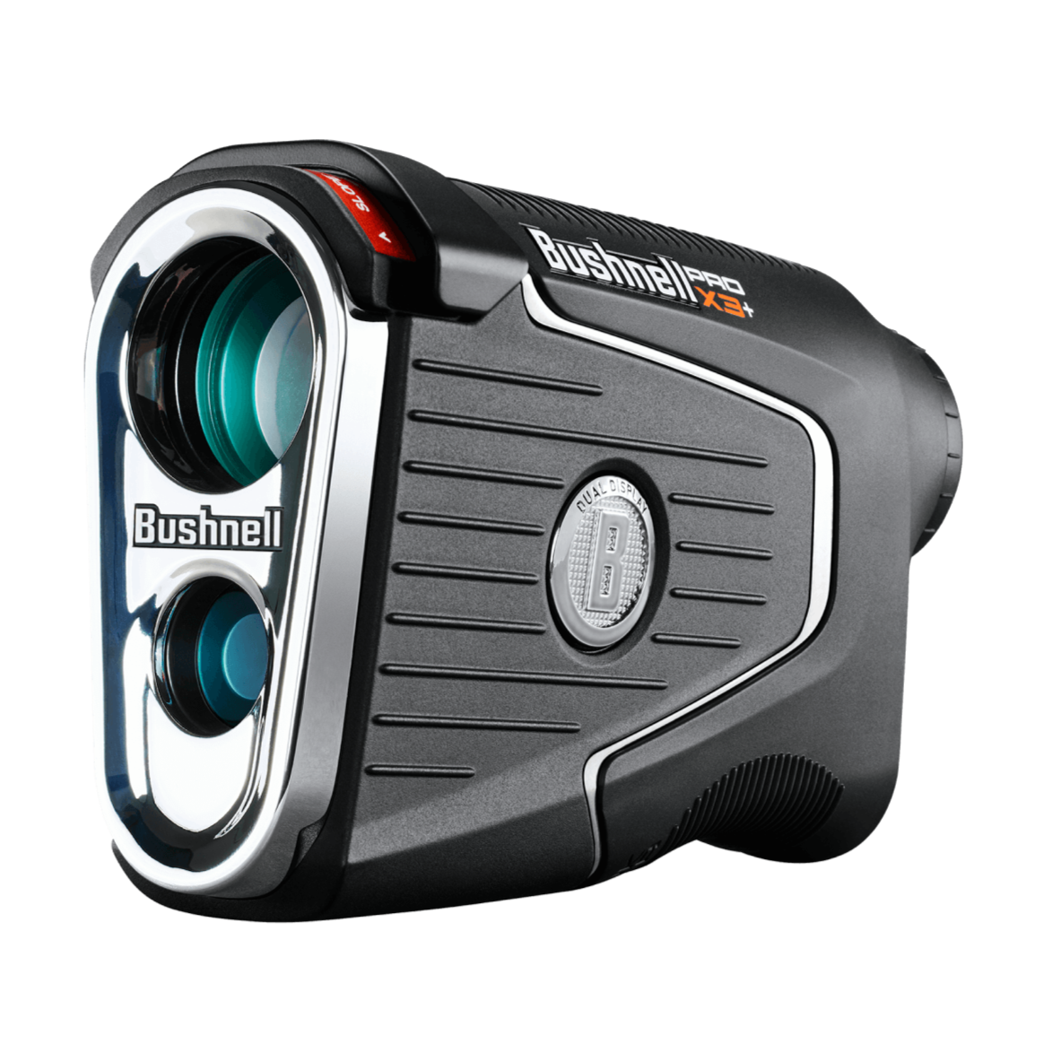 Bushnell Pro X3+ laser rangefinder with a digital display and rubber-armored metal housing.