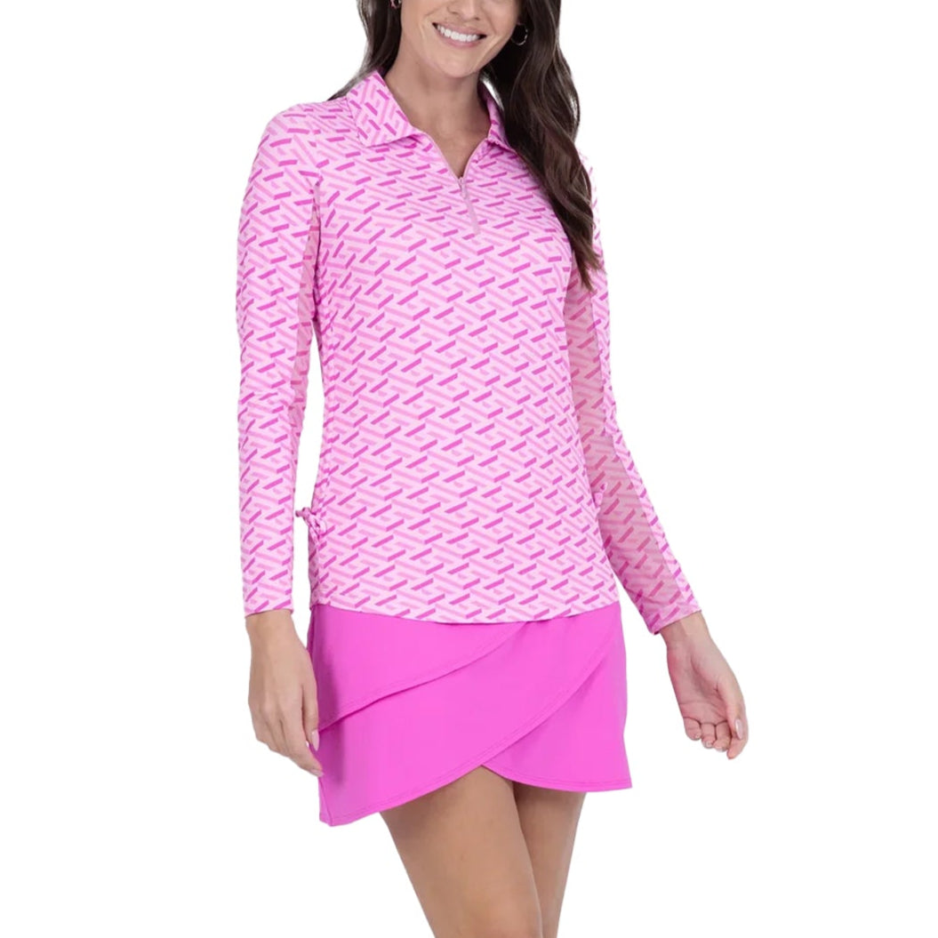 IBKUL Ladies Fatima Print Adjustable Length Long Sleeve Polo - Hot Pink/Candy Pink