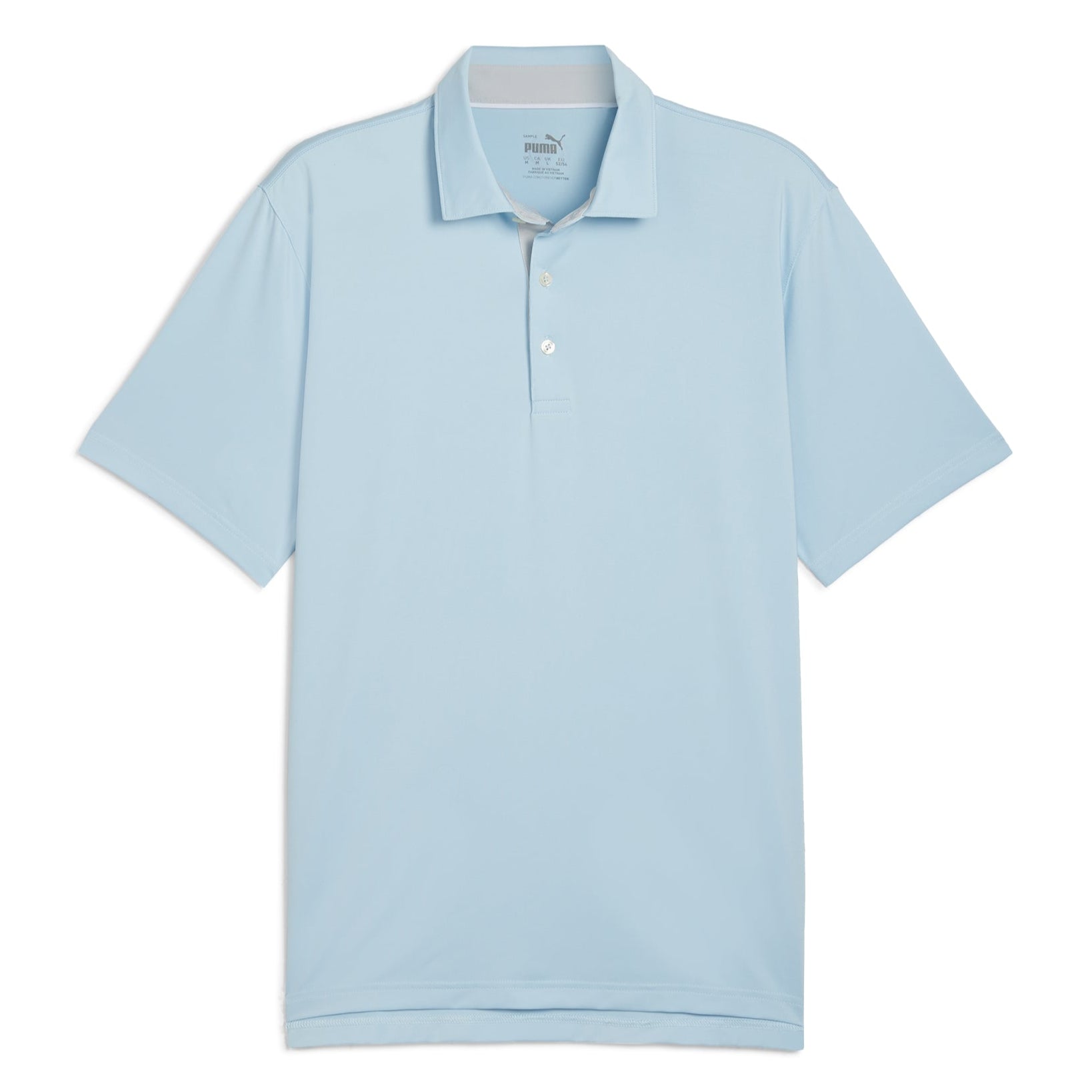 A short-sleeved men's polo shirt in silver sky color with a contrast placket and collar stand.