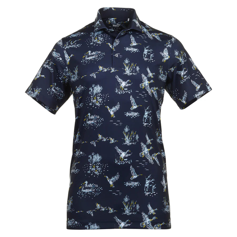 Puma Golf Flock Polo Shirt - Deep Navy/ Pele Yellow