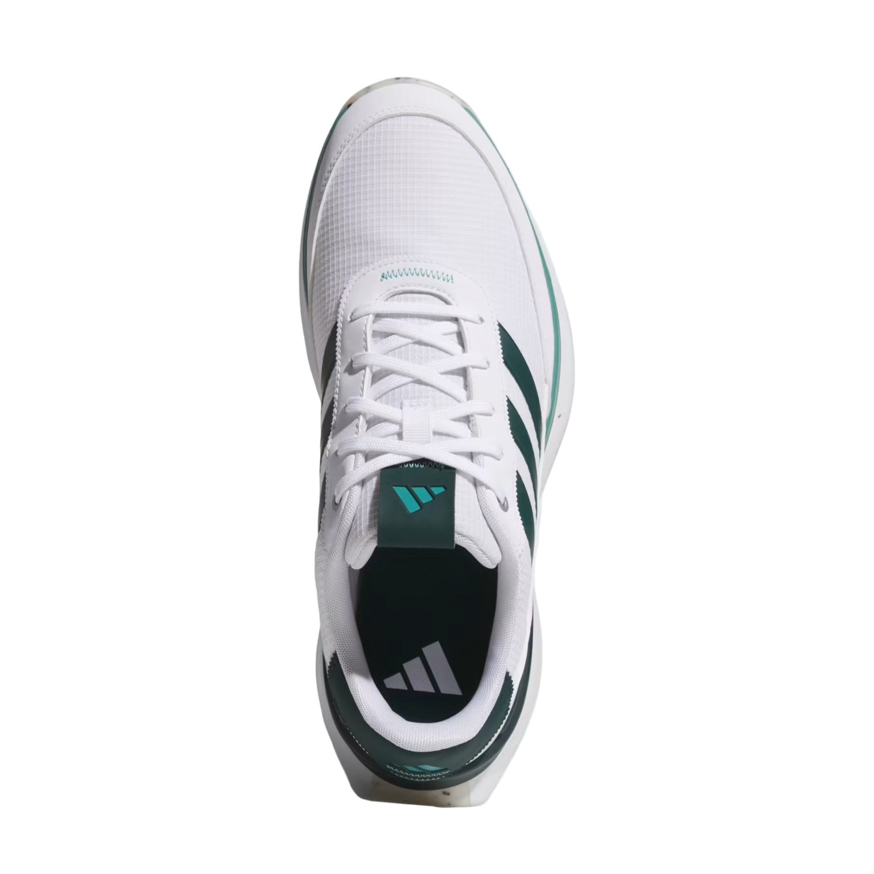 White Adidas running shoe with green accents on a light gray background