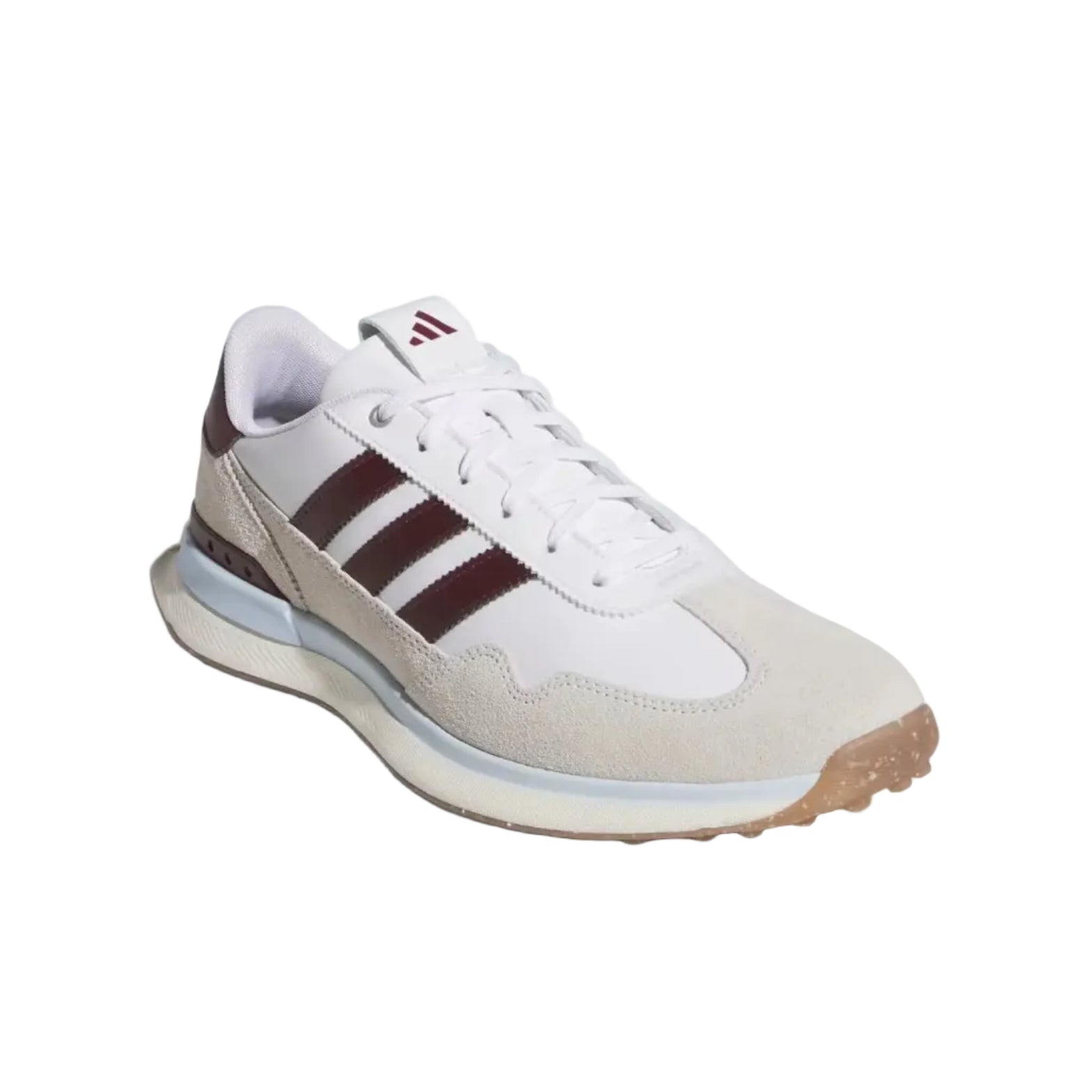 adidas white golf shoes with maroon stripes