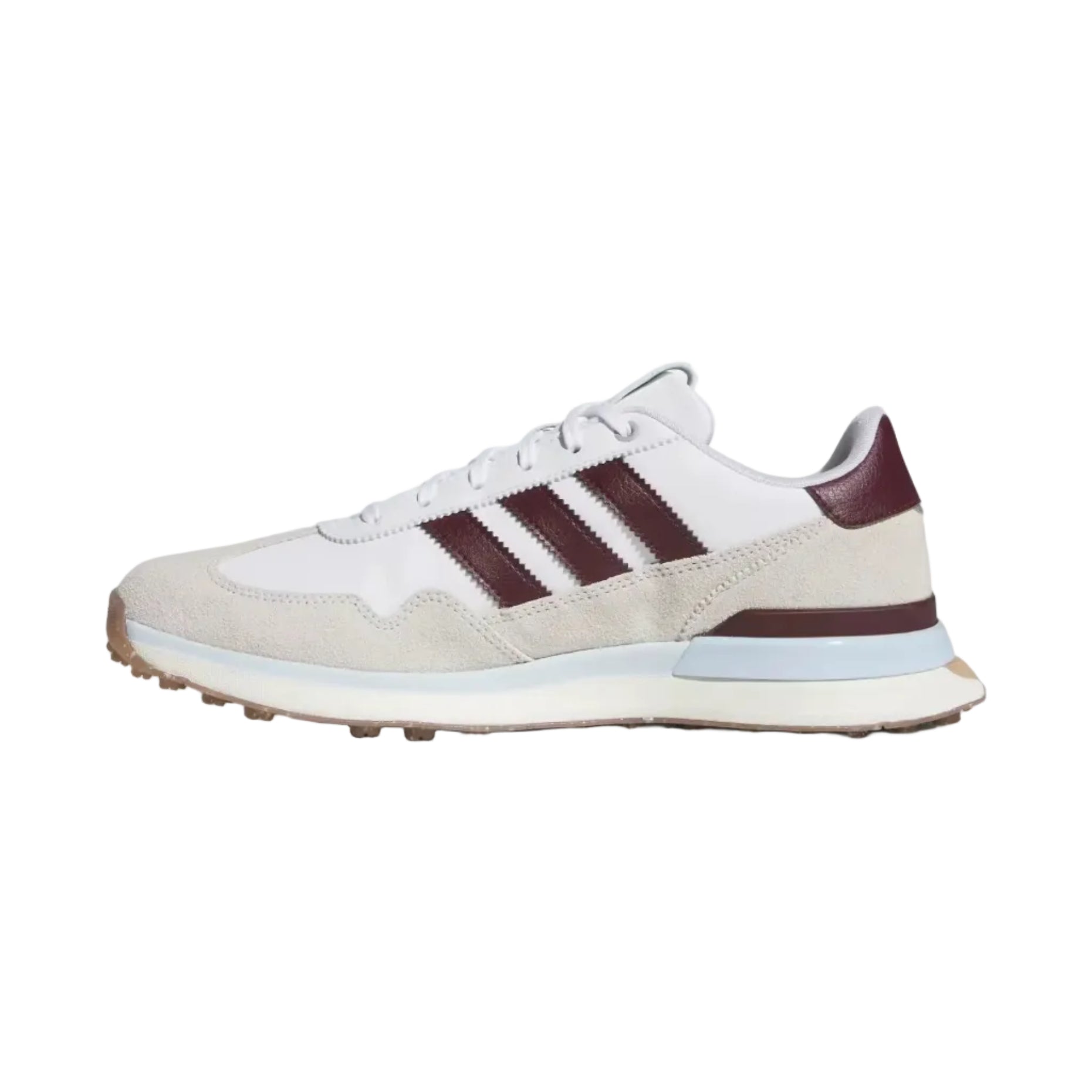 adidas white golf shoes with maroon stripes