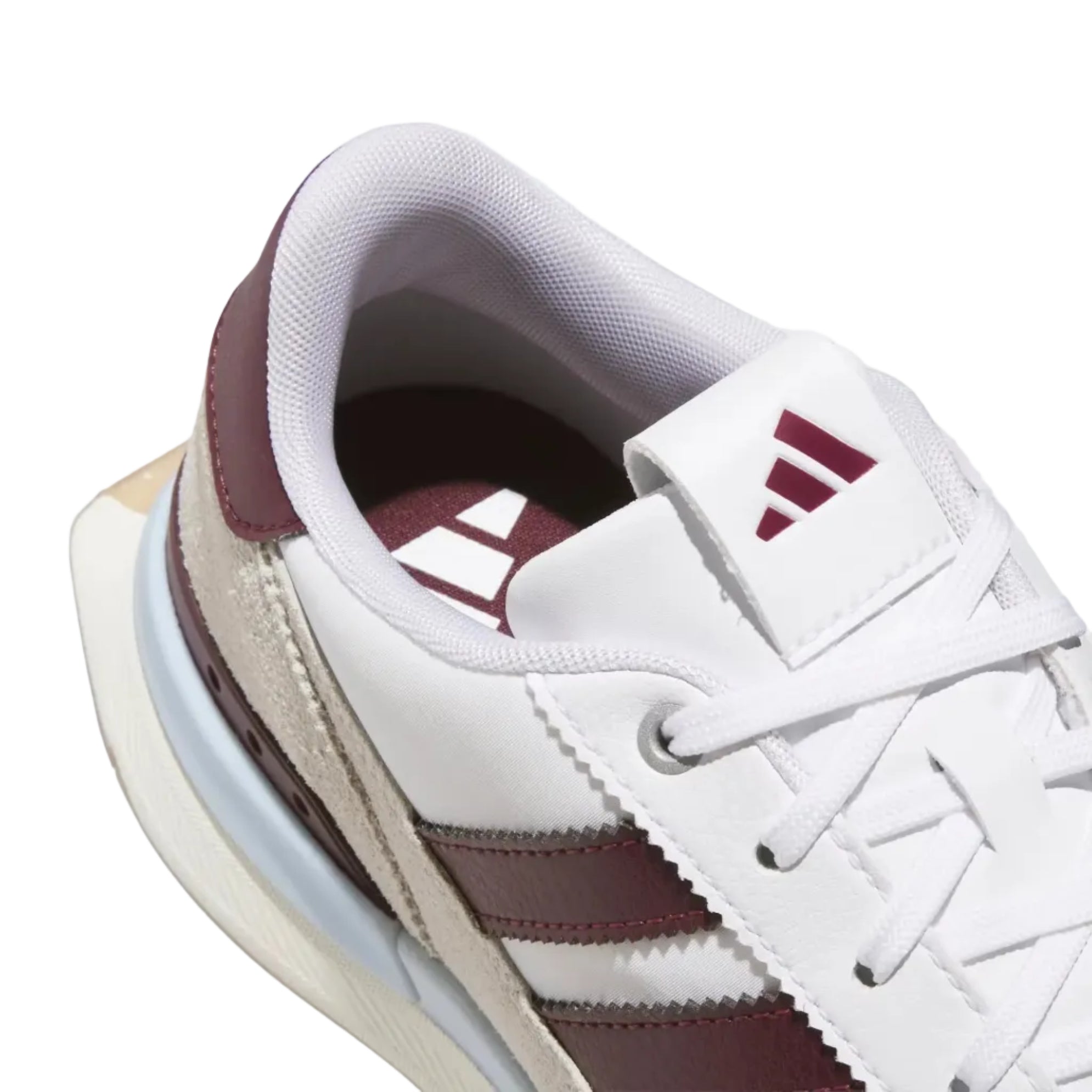 adidas white golf shoes with maroon stripes