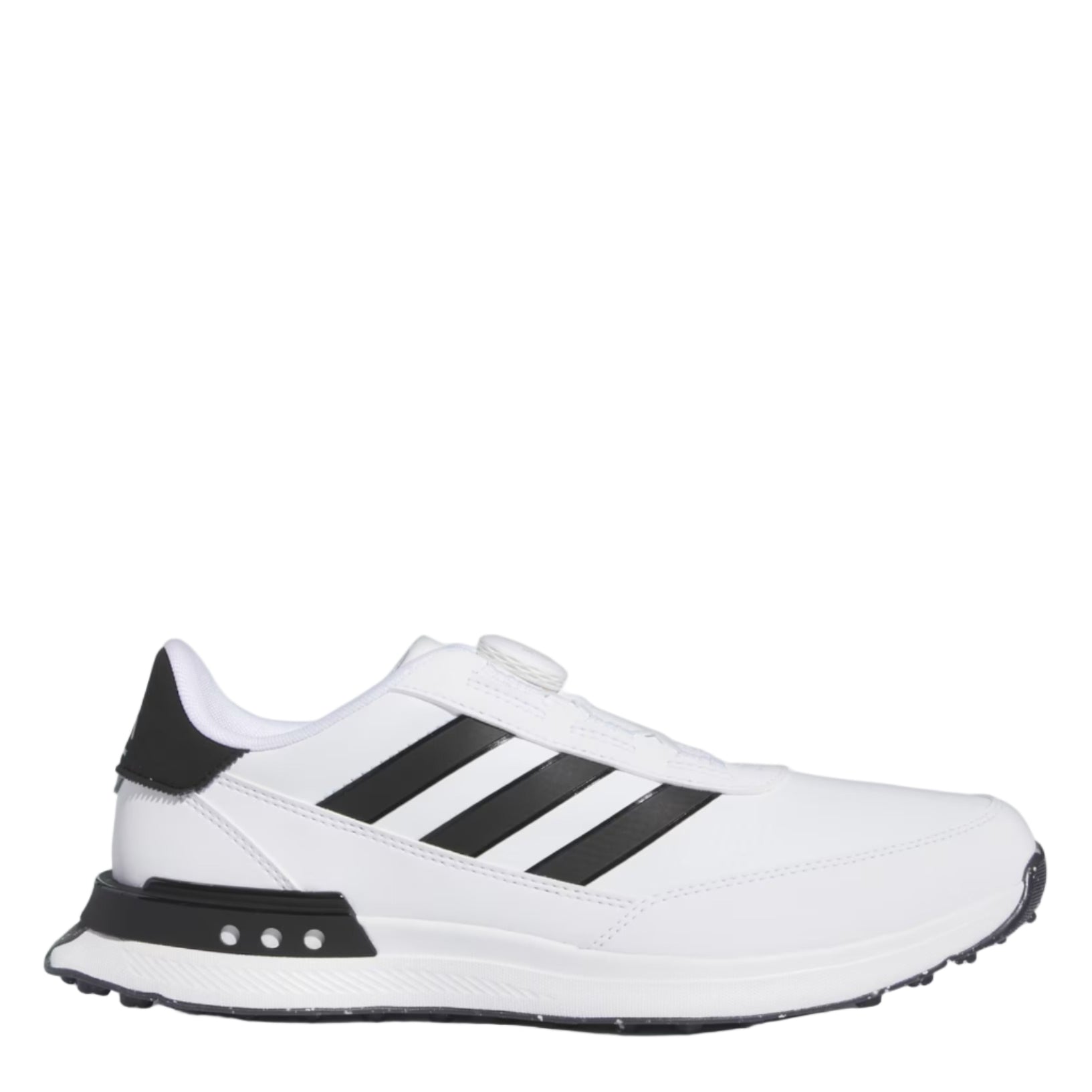 White Adidas sneaker with black stripes on a light gray background