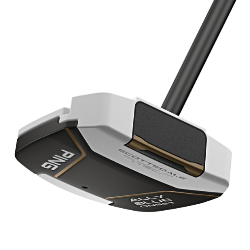 Golf putter with black and silver design on a white background
