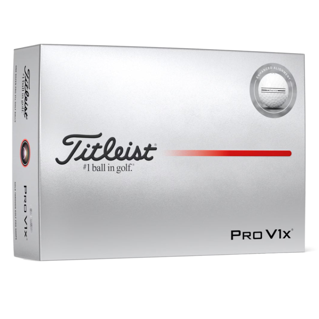 A dozen Titleist Pro V1x golf balls in a white box with red and silver text.