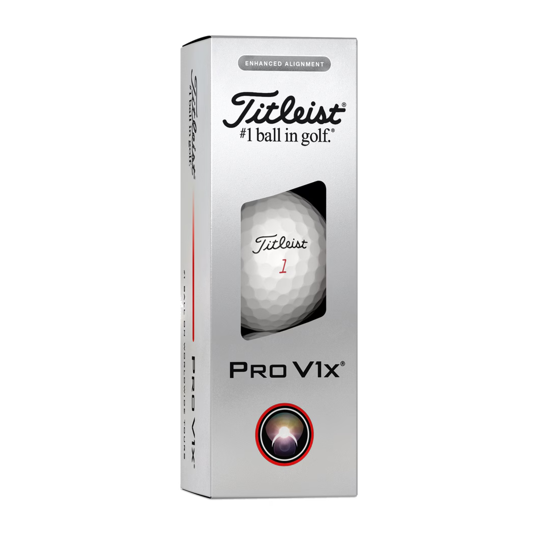 A sleeve of Titleist Pro V1x golf balls with extended alignment sidestamp, predominantly silver packaging