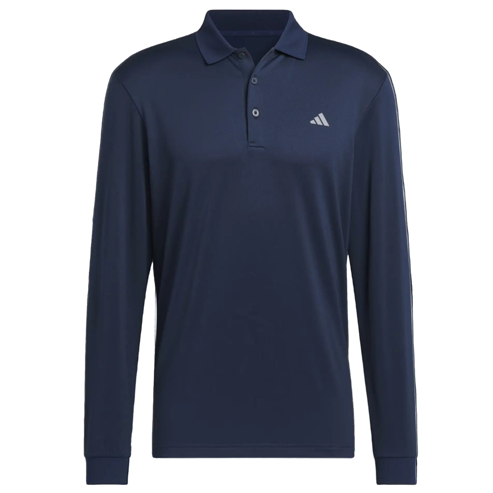 Navy long-sleeve polo shirt with Adidas logo on a light gray background