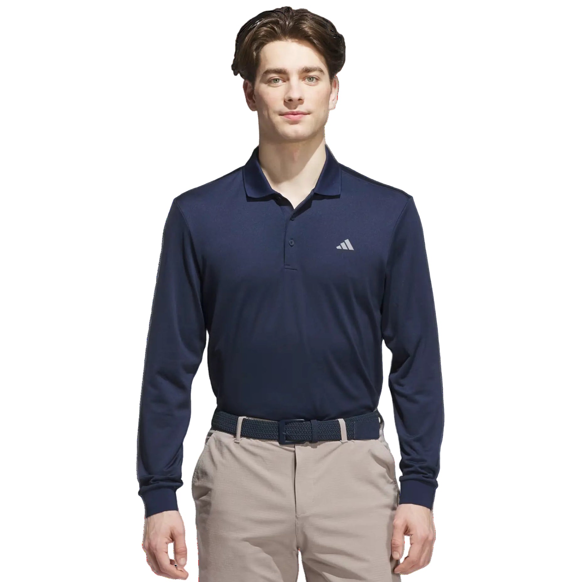Man wearing a navy blue Adidas long-sleeve polo shirt on a white background