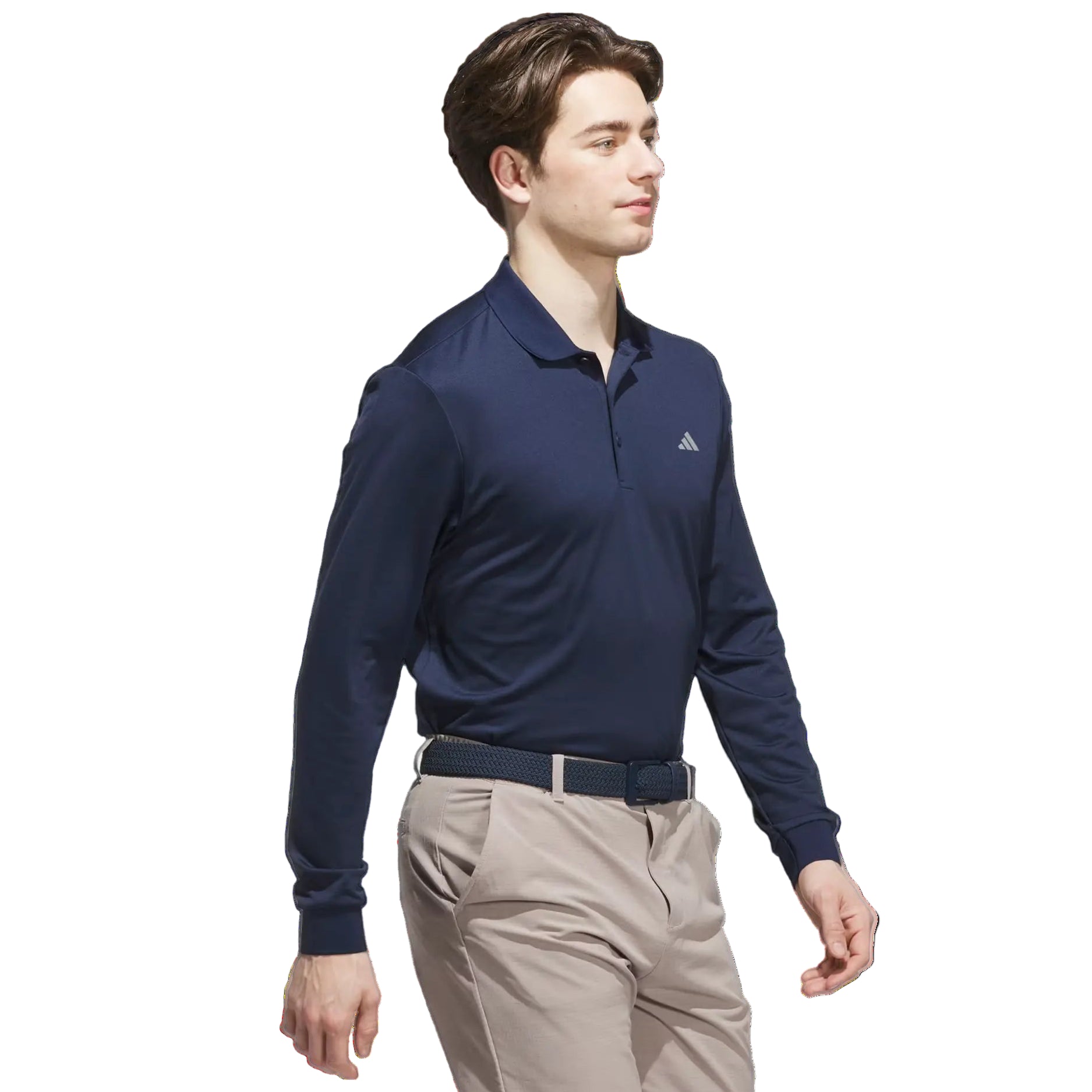 Man wearing a navy long-sleeve polo shirt with Adidas logo on a light gray background