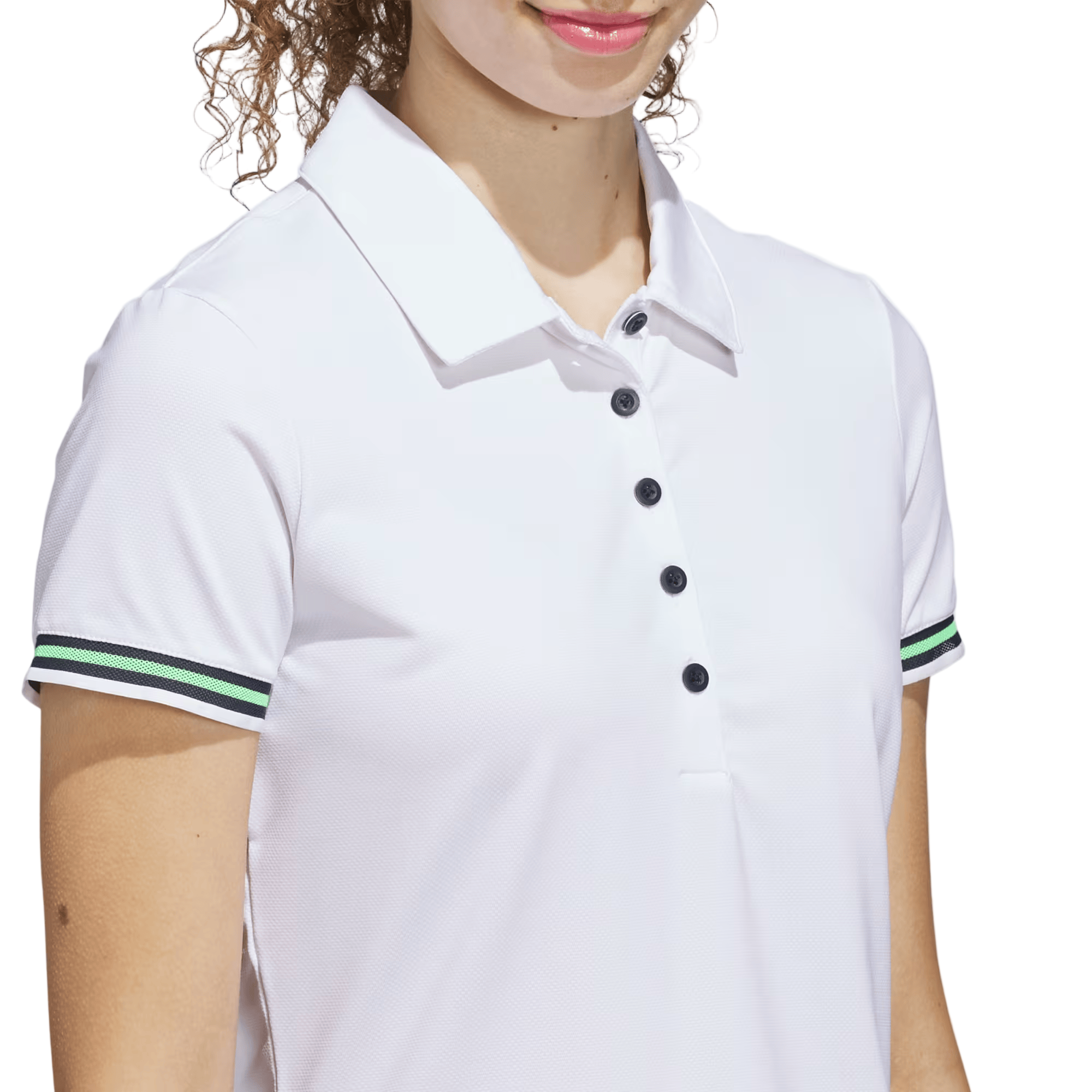 White polo shirt with black buttons and green trim on a white background